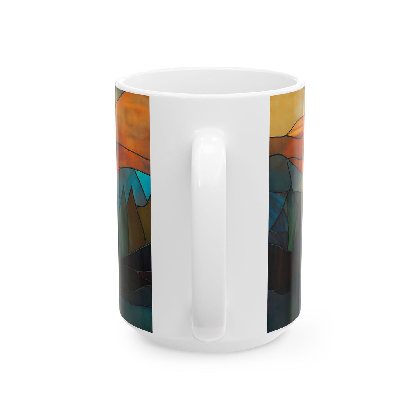 Stained Glass Sunrise Ceramic Mug, Colorful Mountain Landscape Coffee Cup, Inspirational Gift, Nature Lover's Mug, Home Decor, Unique