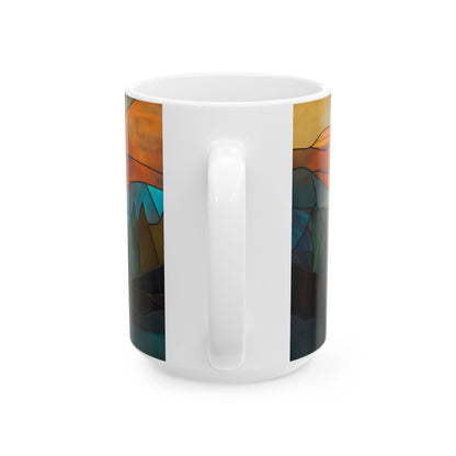 Stained Glass Sunrise Ceramic Mug, Colorful Mountain Landscape Coffee Cup, Inspirational Gift, Nature Lover's Mug, Home Decor, Unique