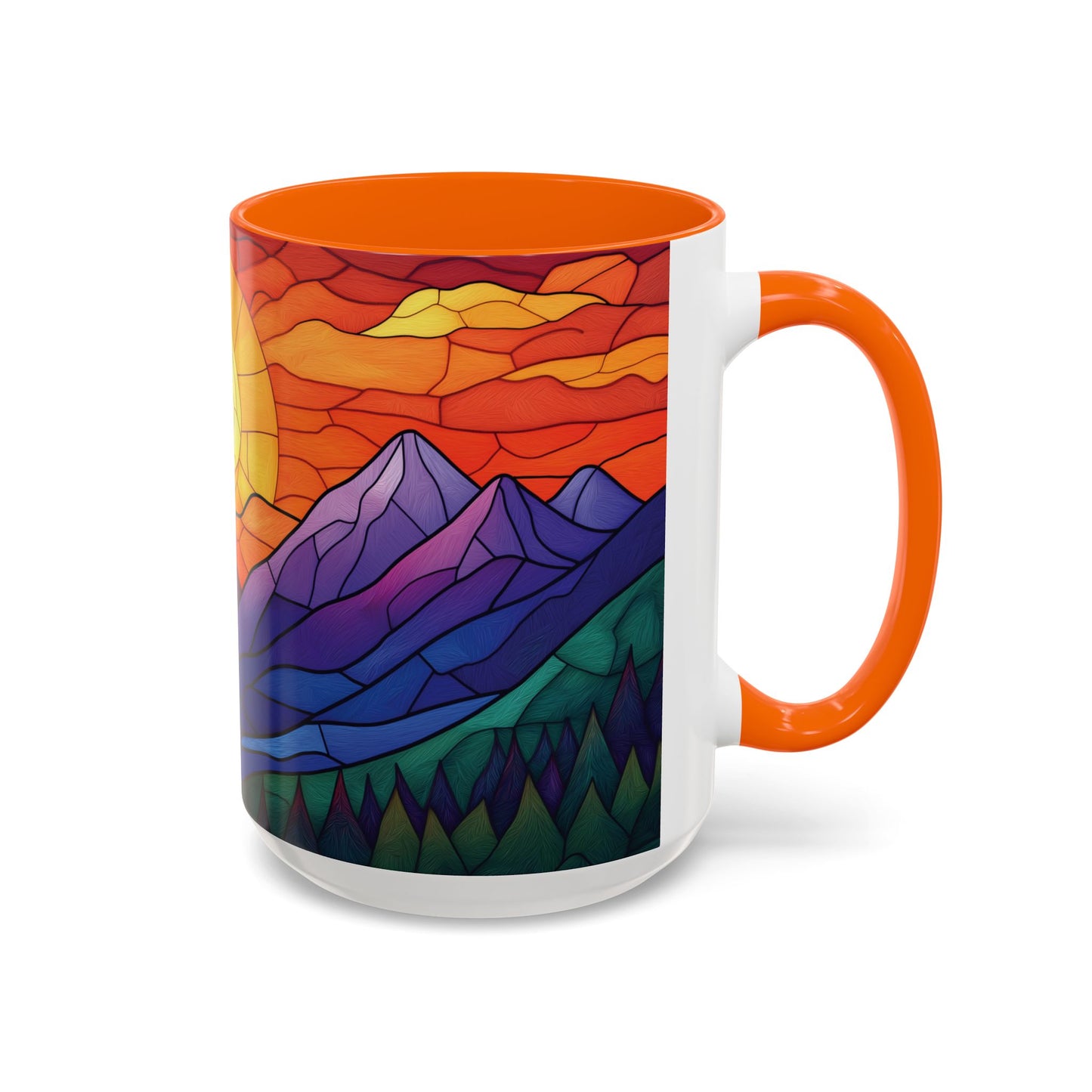 Stained Glass Mountain Range Coffee Mug - Vibrant Watercolor Mountain Sunset, 11oz & 15oz Ceramic Mug, Perfect gifts ideas,