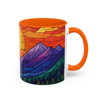Stained Glass Mountain Range Coffee Mug - Vibrant Watercolor Mountain Sunset, 11oz & 15oz Ceramic Mug, Perfect gifts ideas,