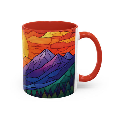 Stained Glass Mountain Range Coffee Mug - Vibrant Watercolor Mountain Sunset, 11oz & 15oz Ceramic Mug, Perfect gifts ideas,