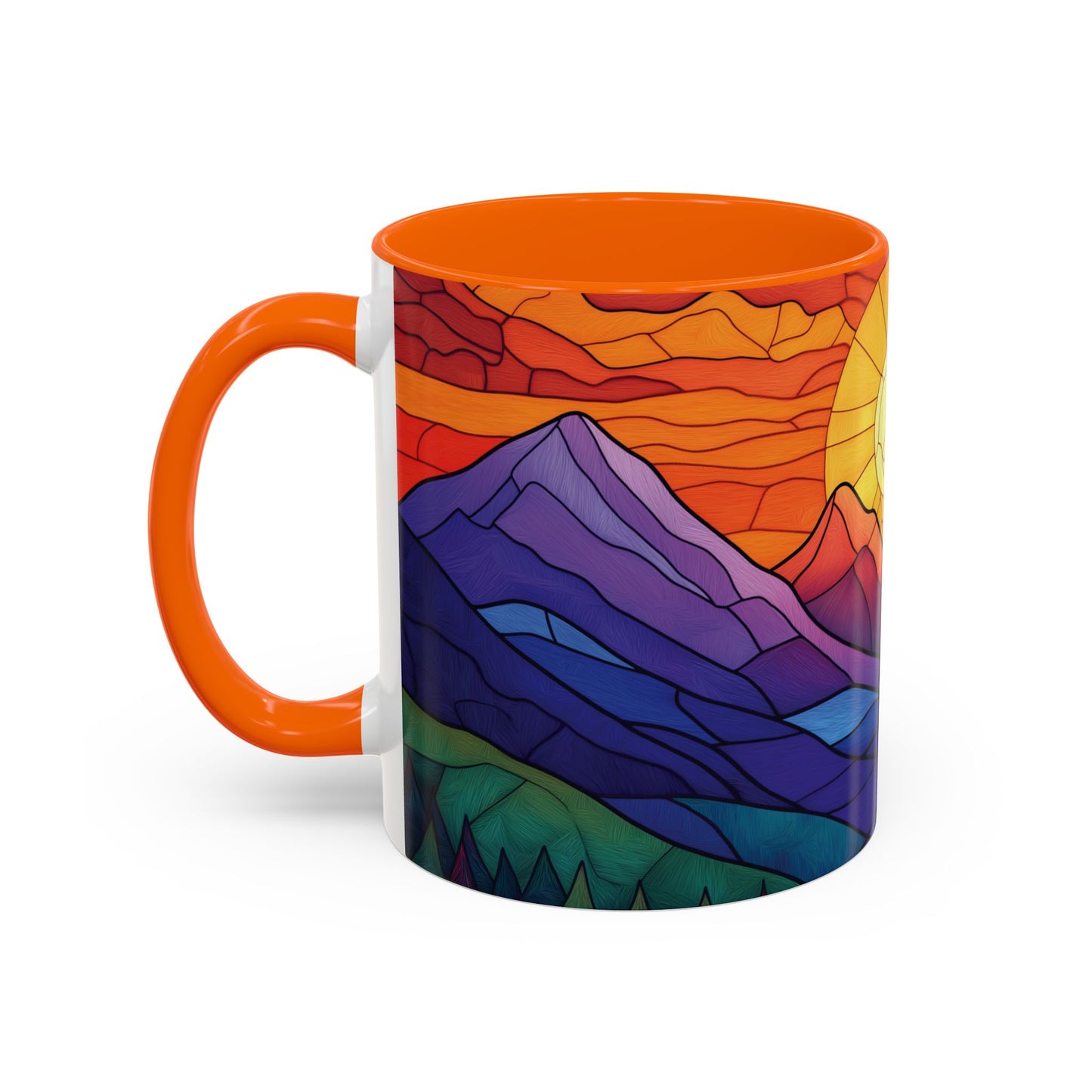 Stained Glass Mountain Range Coffee Mug - Vibrant Watercolor Mountain Sunset, 11oz & 15oz Ceramic Mug, Perfect gifts ideas,