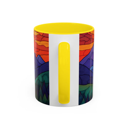 Stained Glass Mountain Range Coffee Mug - Vibrant Watercolor Mountain Sunset, 11oz & 15oz Ceramic Mug, Perfect gifts ideas,