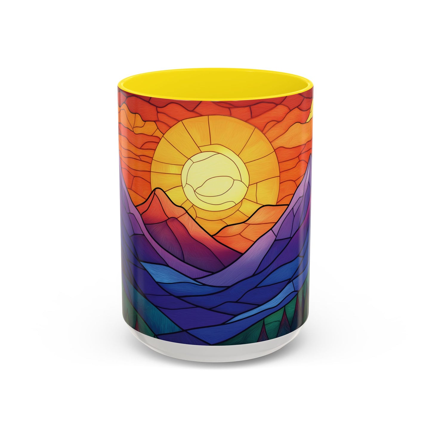 Stained Glass Mountain Range Coffee Mug - Vibrant Watercolor Mountain Sunset, 11oz & 15oz Ceramic Mug, Perfect gifts ideas,