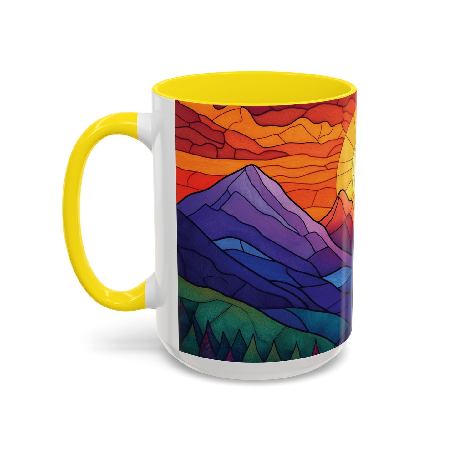 Stained Glass Mountain Range Coffee Mug - Vibrant Watercolor Mountain Sunset, 11oz & 15oz Ceramic Mug, Perfect gifts ideas,