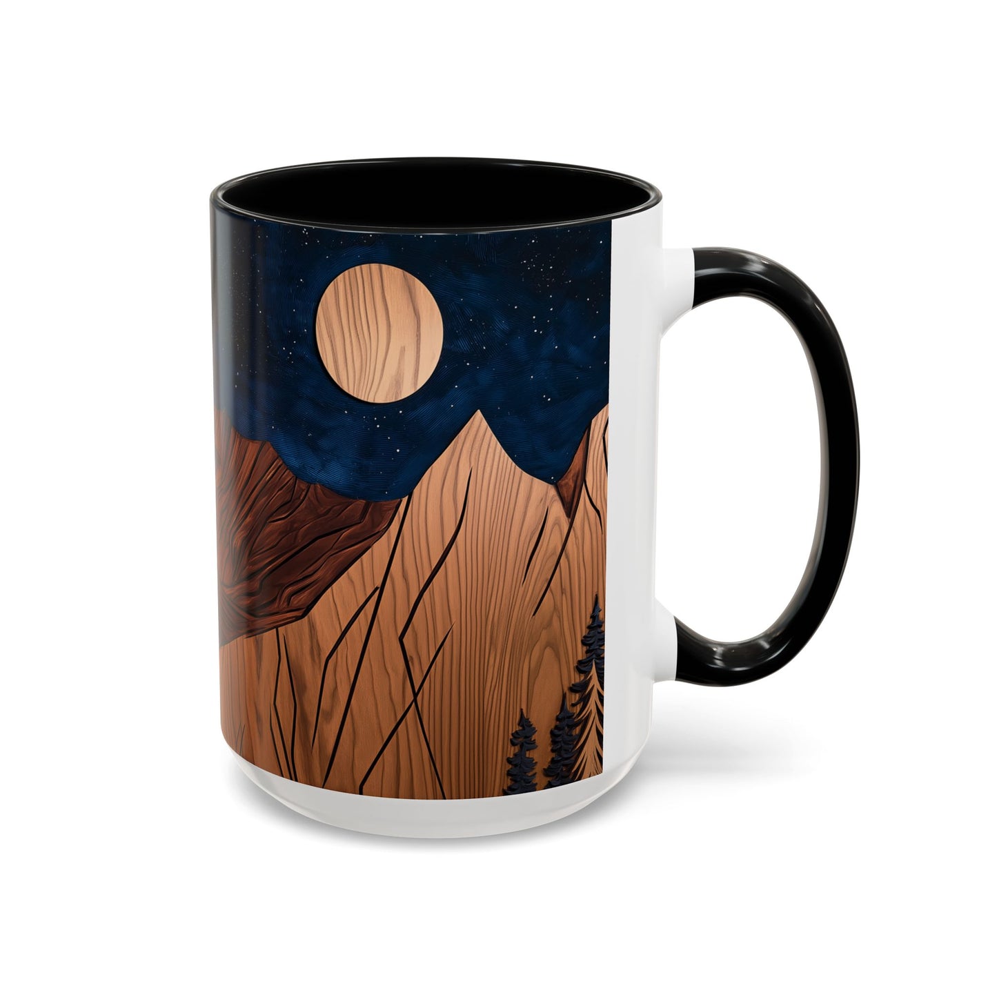 Rustic Wooden Mountain Coffee Mug with Carved Tree Design - Wood Panel Effect, Tea Mug Carved Wood Trees Wooden Mountain Tea Cup Pine Tree