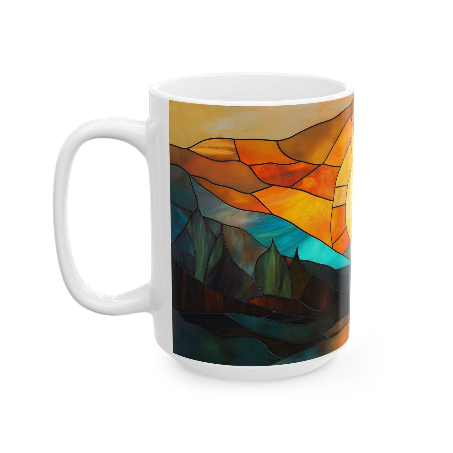 Stained Glass Sunrise Ceramic Mug, Colorful Mountain Landscape Coffee Cup, Inspirational Gift, Nature Lover's Mug, Home Decor, Unique