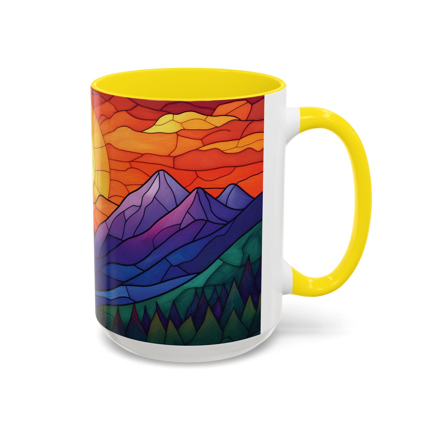 Stained Glass Mountain Range Coffee Mug - Vibrant Watercolor Mountain Sunset, 11oz & 15oz Ceramic Mug, Perfect gifts ideas,