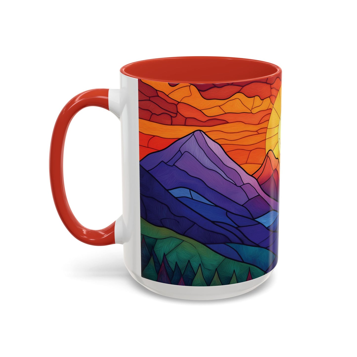 Stained Glass Mountain Range Coffee Mug - Vibrant Watercolor Mountain Sunset, 11oz & 15oz Ceramic Mug, Perfect gifts ideas,
