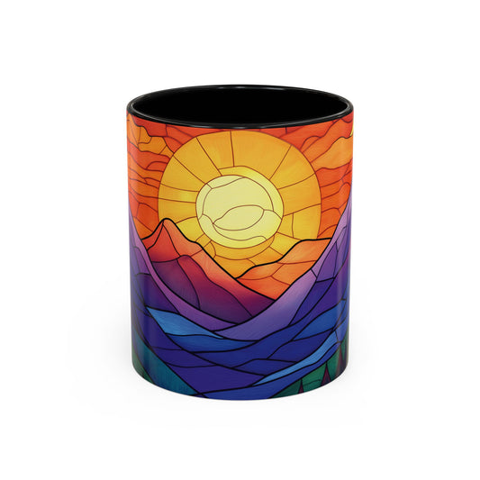 Stained Glass Mountain Range Coffee Mug - Vibrant Watercolor Mountain Sunset, 11oz & 15oz Ceramic Mug, Perfect gifts ideas,