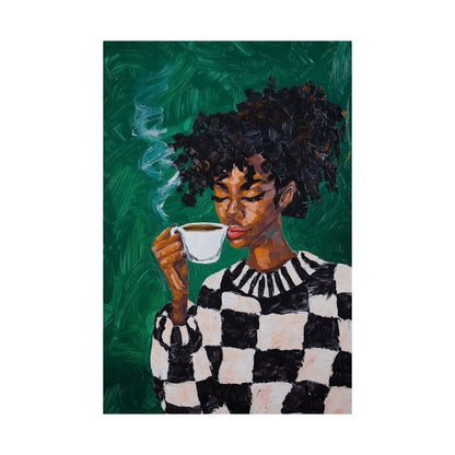 Black Woman Coffee Wall Art Print – Bold Afrocentric Painting for Kitchen or Living Room Décor