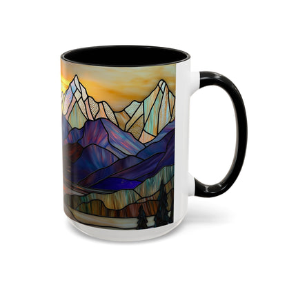 Stained Glass Mountain Coffee Mug - Vibrant Watercolor Mountain Sunset, 11oz & 15oz Ceramic Mug, Perfect gifts ideas, Outdoor Adventure
