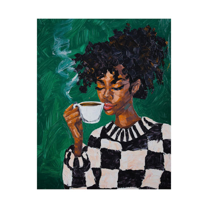 Black Woman Coffee Wall Art Print – Bold Afrocentric Painting for Kitchen or Living Room Décor