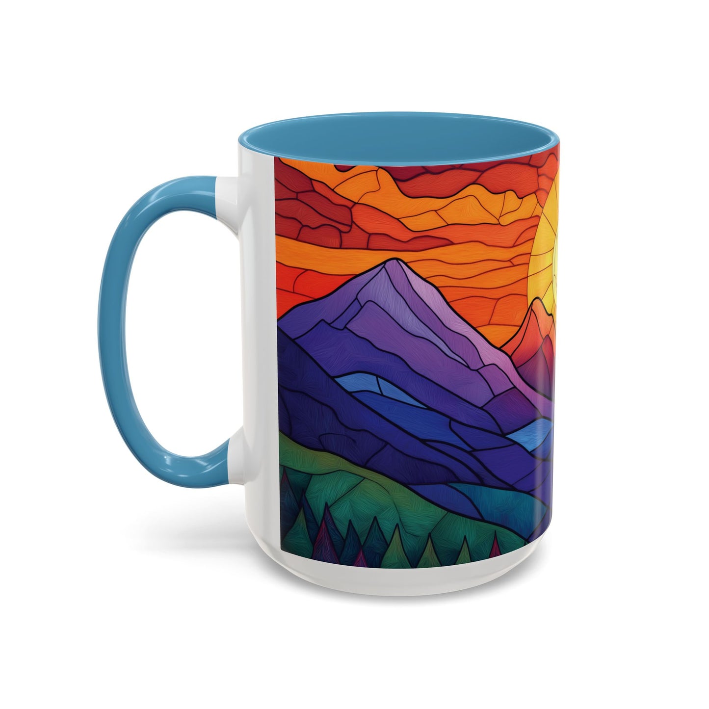 Stained Glass Mountain Range Coffee Mug - Vibrant Watercolor Mountain Sunset, 11oz & 15oz Ceramic Mug, Perfect gifts ideas,