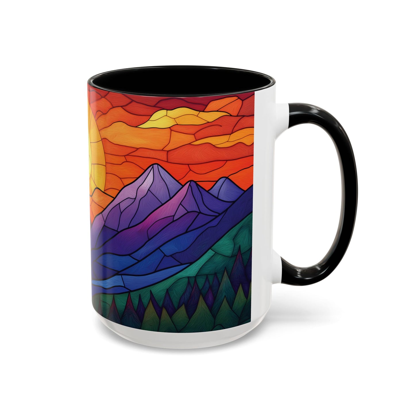Stained Glass Mountain Range Coffee Mug - Vibrant Watercolor Mountain Sunset, 11oz & 15oz Ceramic Mug, Perfect gifts ideas,