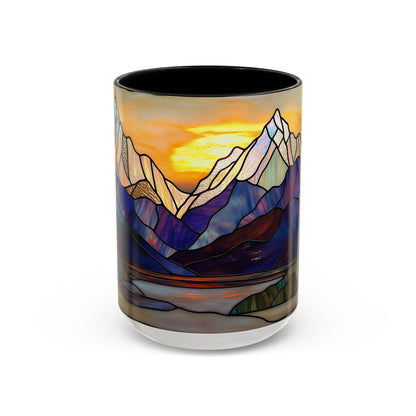 Stained Glass Mountain Coffee Mug - Vibrant Watercolor Mountain Sunset, 11oz & 15oz Ceramic Mug, Perfect gifts ideas, Outdoor Adventure