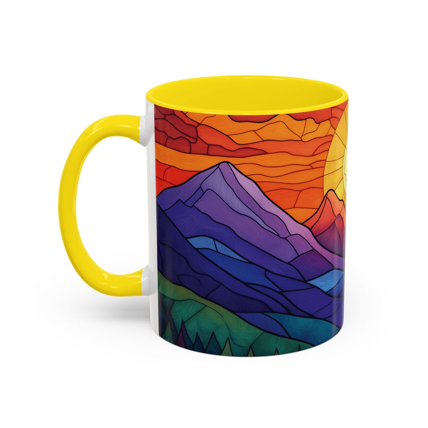 Stained Glass Mountain Range Coffee Mug - Vibrant Watercolor Mountain Sunset, 11oz & 15oz Ceramic Mug, Perfect gifts ideas,