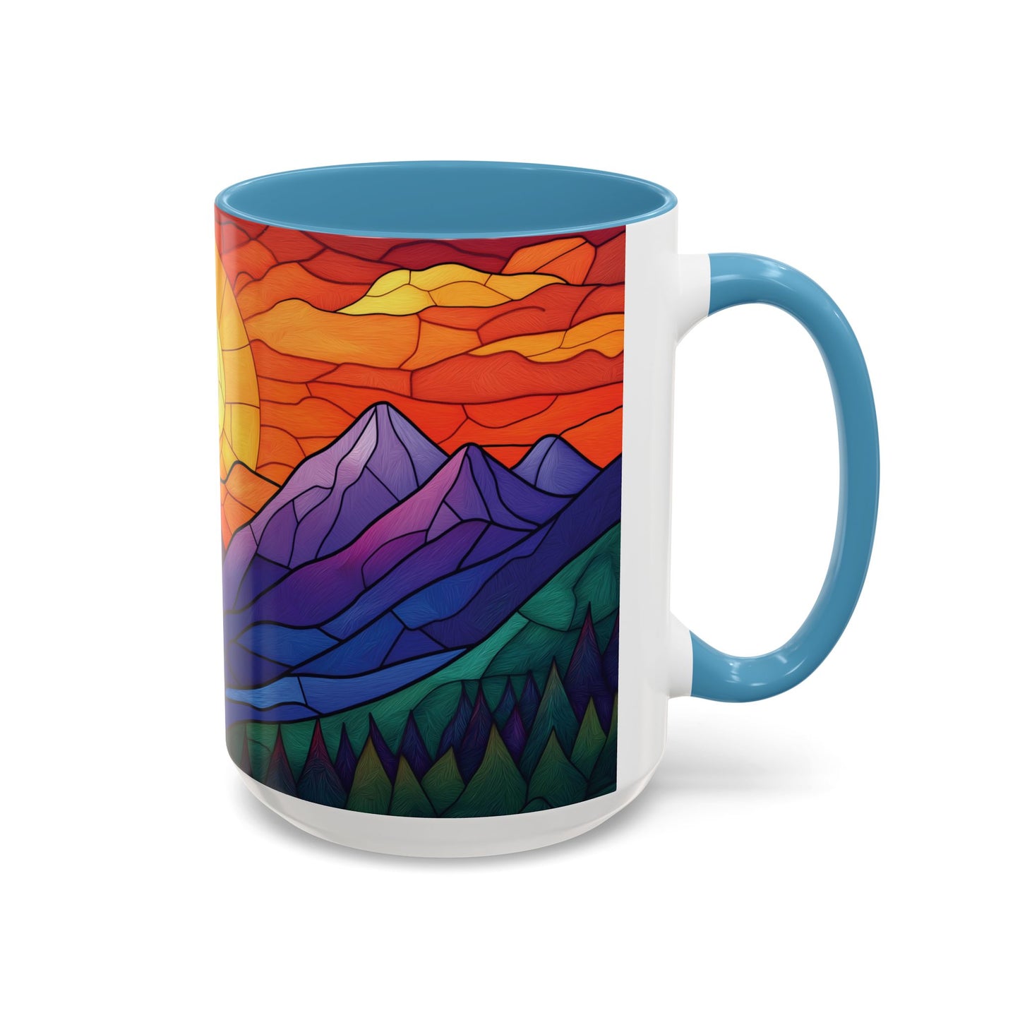 Stained Glass Mountain Range Coffee Mug - Vibrant Watercolor Mountain Sunset, 11oz & 15oz Ceramic Mug, Perfect gifts ideas,