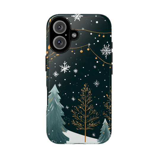 Elegant Christmas Snowfall Phone Case – Minimalist Winter Trees and Festive Lights Design