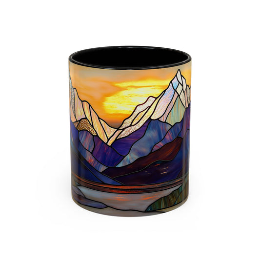Stained Glass Mountain Coffee Mug - Vibrant Watercolor Mountain Sunset, 11oz & 15oz Ceramic Mug, Perfect gifts ideas, Outdoor Adventure