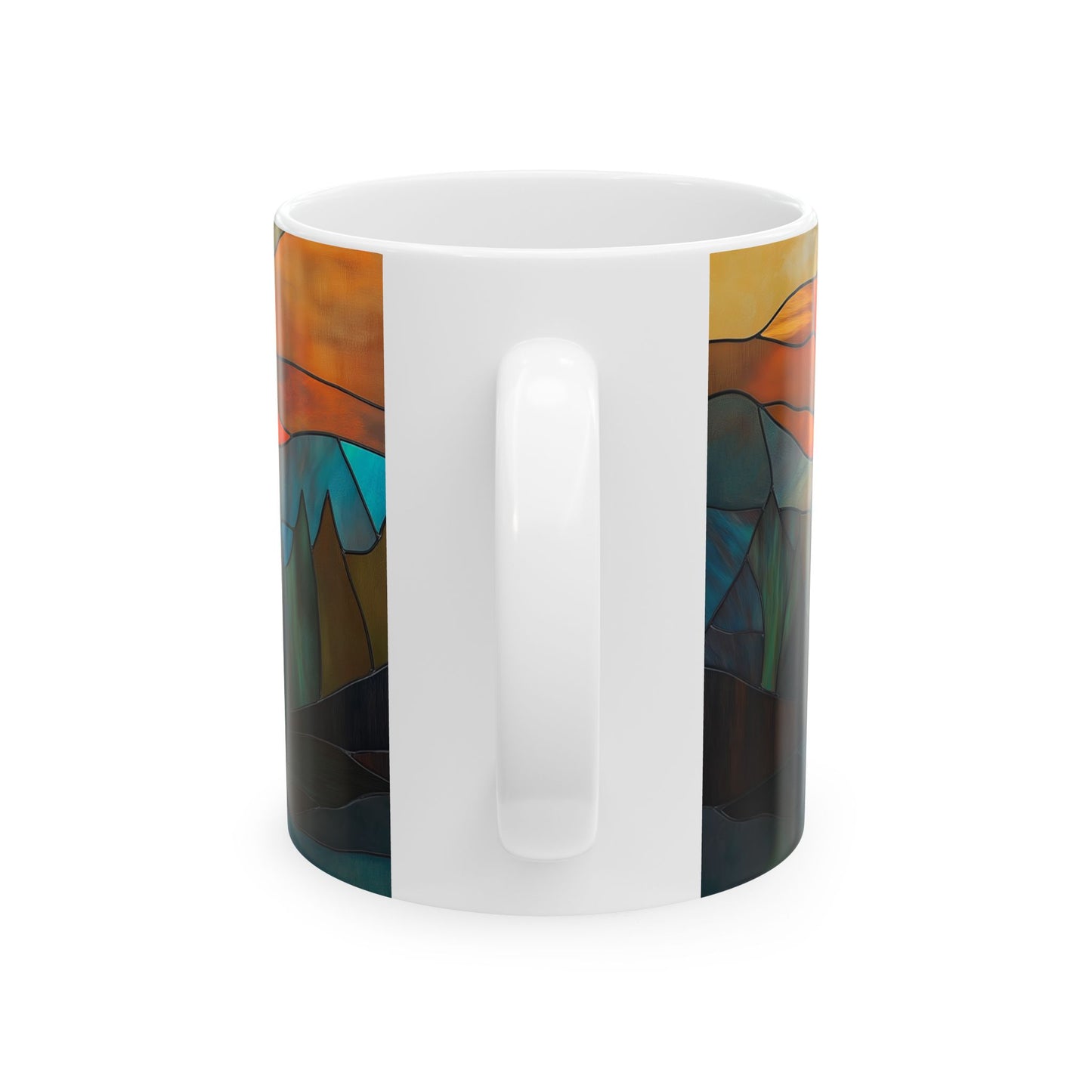 Stained Glass Sunrise Ceramic Mug, Colorful Mountain Landscape Coffee Cup, Inspirational Gift, Nature Lover's Mug, Home Decor, Unique