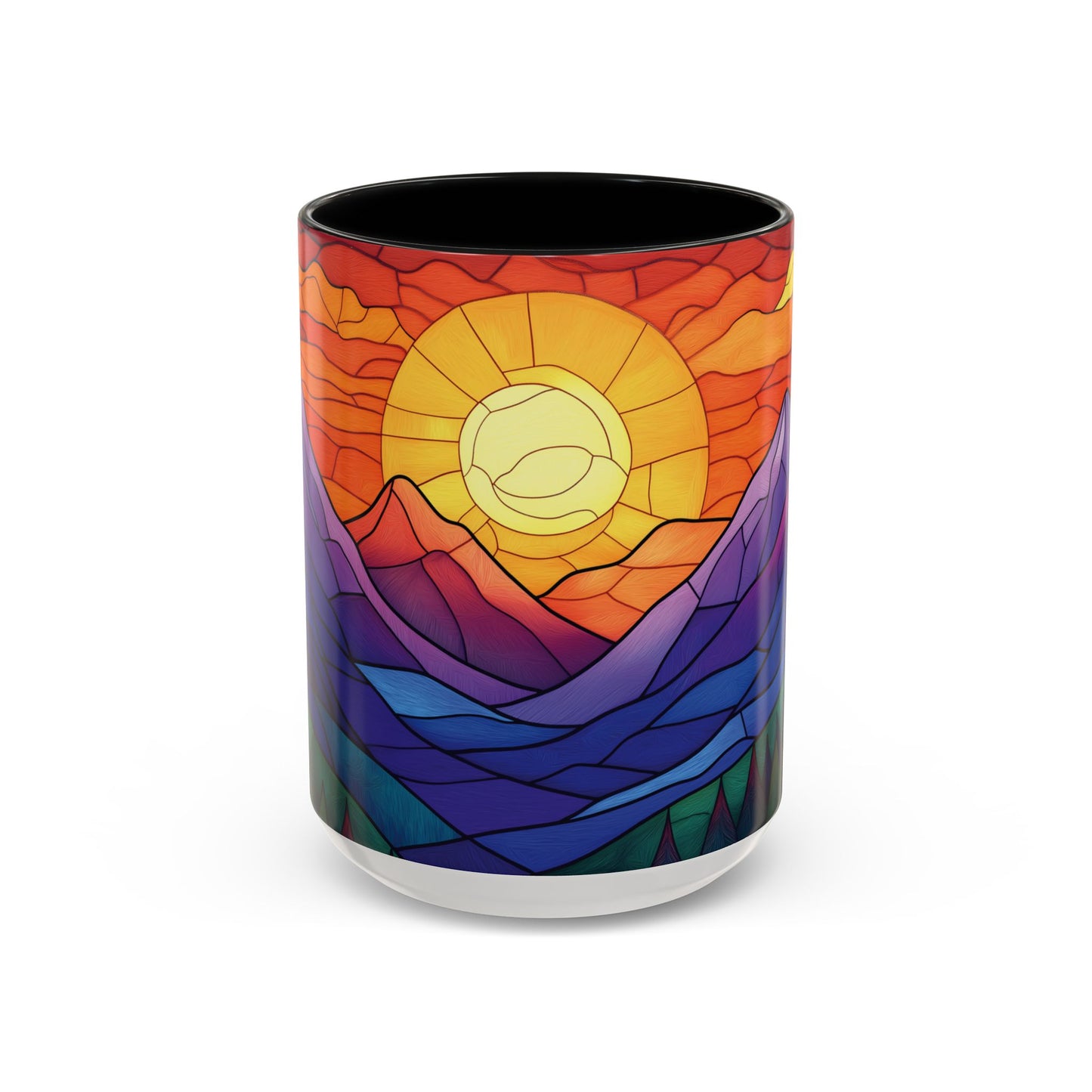 Stained Glass Mountain Range Coffee Mug - Vibrant Watercolor Mountain Sunset, 11oz & 15oz Ceramic Mug, Perfect gifts ideas,