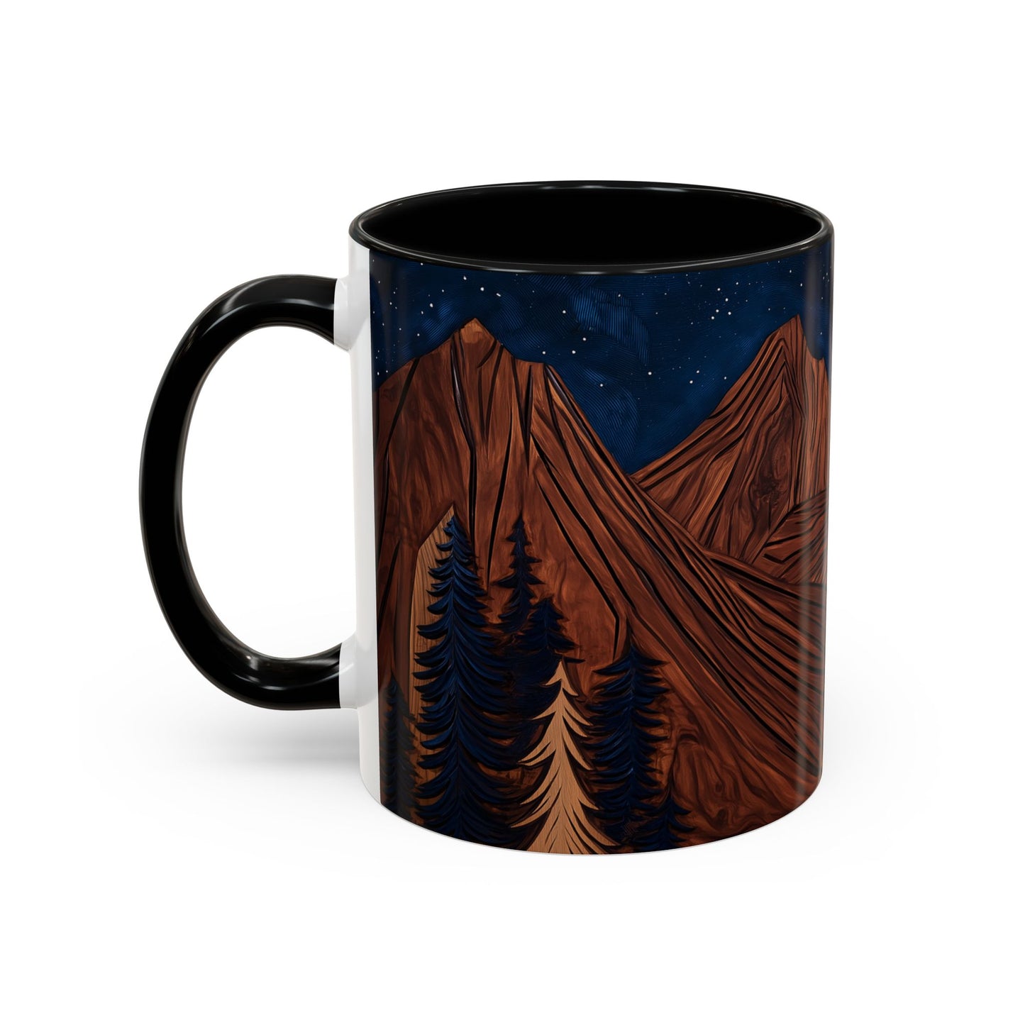 Rustic Wooden Mountain Coffee Mug with Carved Tree Design - Wood Panel Effect, Tea Mug Carved Wood Trees Wooden Mountain Tea Cup Pine Tree
