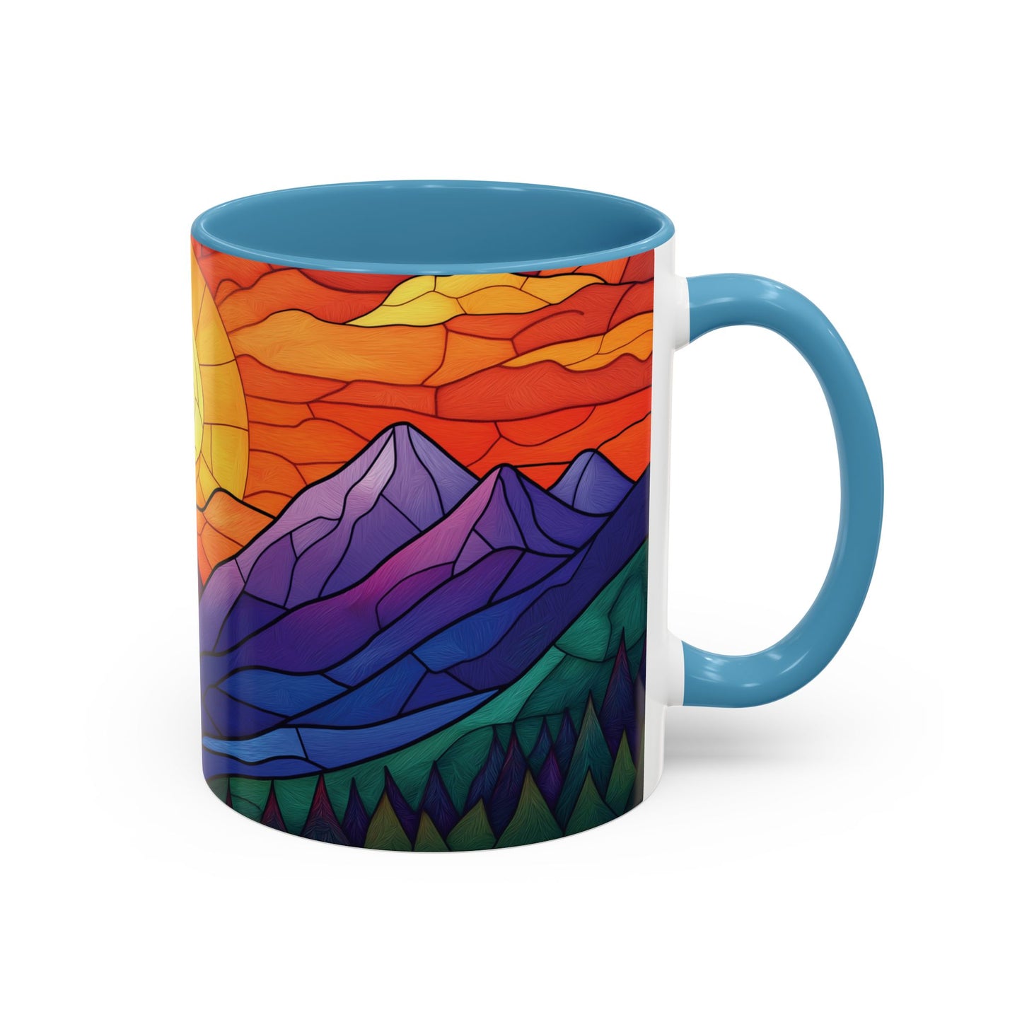 Stained Glass Mountain Range Coffee Mug - Vibrant Watercolor Mountain Sunset, 11oz & 15oz Ceramic Mug, Perfect gifts ideas,