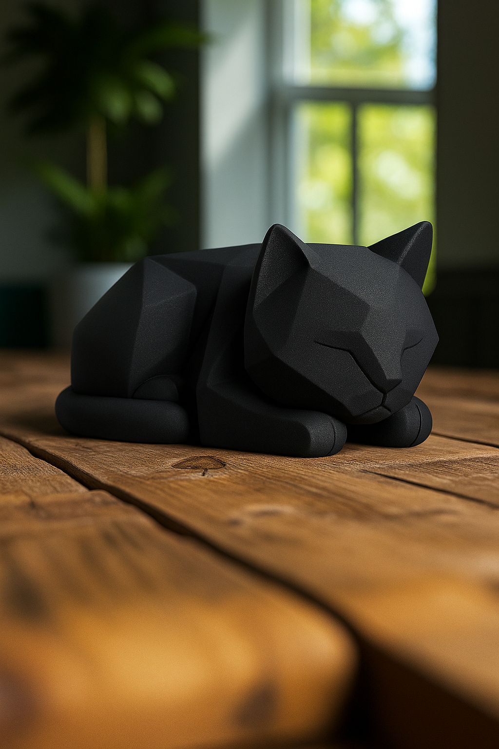 3D printed white low poly cat sculpture resting on a wooden table in a cozy modern interior.