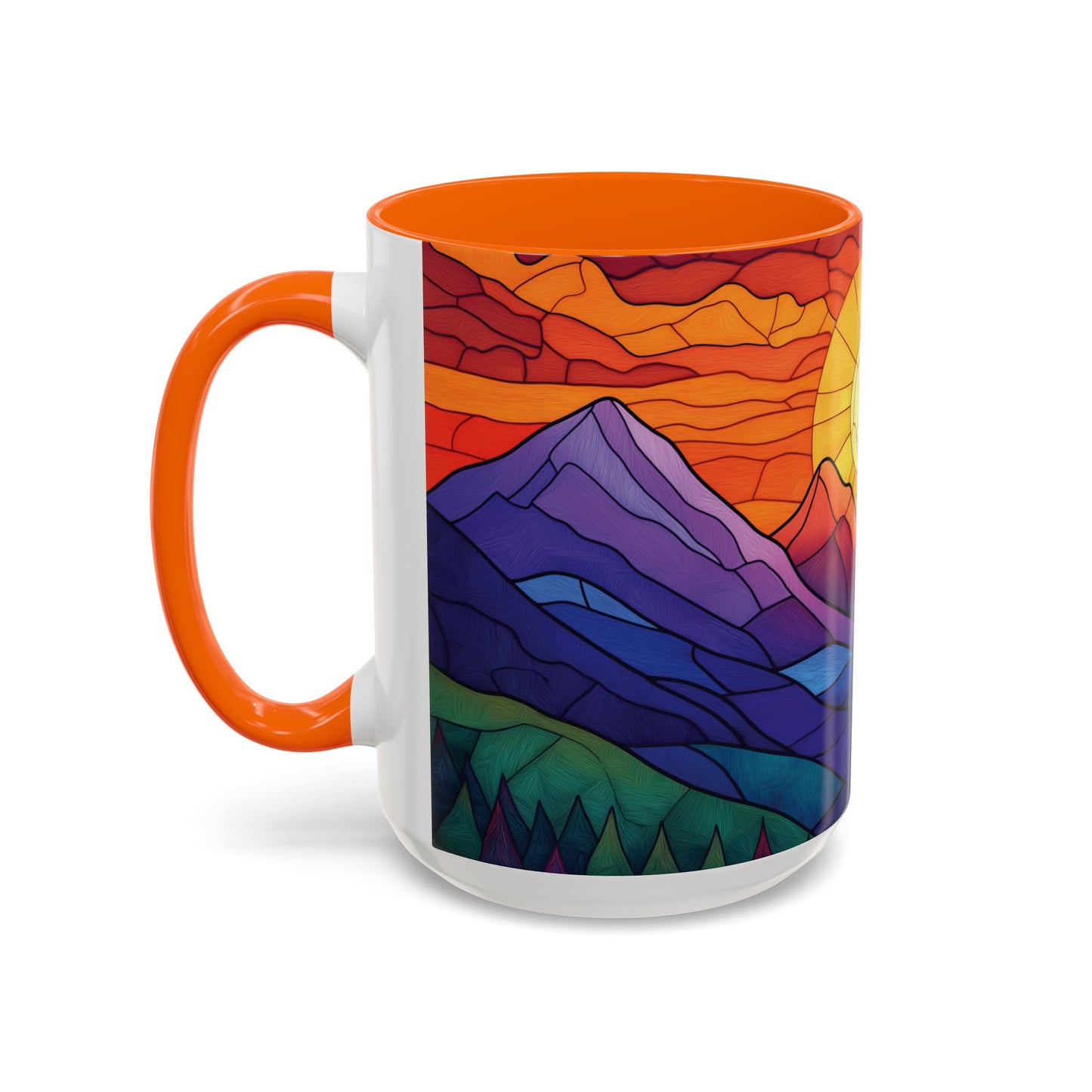 Stained Glass Mountain Range Coffee Mug - Vibrant Watercolor Mountain Sunset, 11oz & 15oz Ceramic Mug, Perfect gifts ideas,