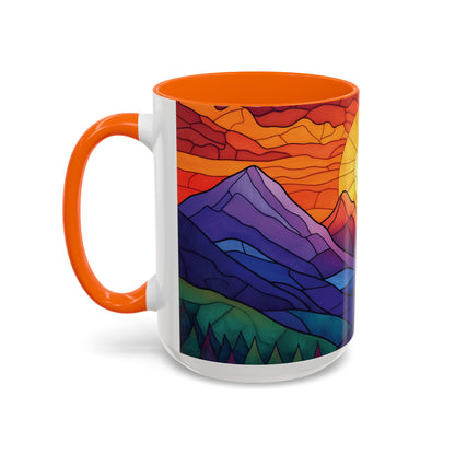 Stained Glass Mountain Range Coffee Mug - Vibrant Watercolor Mountain Sunset, 11oz & 15oz Ceramic Mug, Perfect gifts ideas,