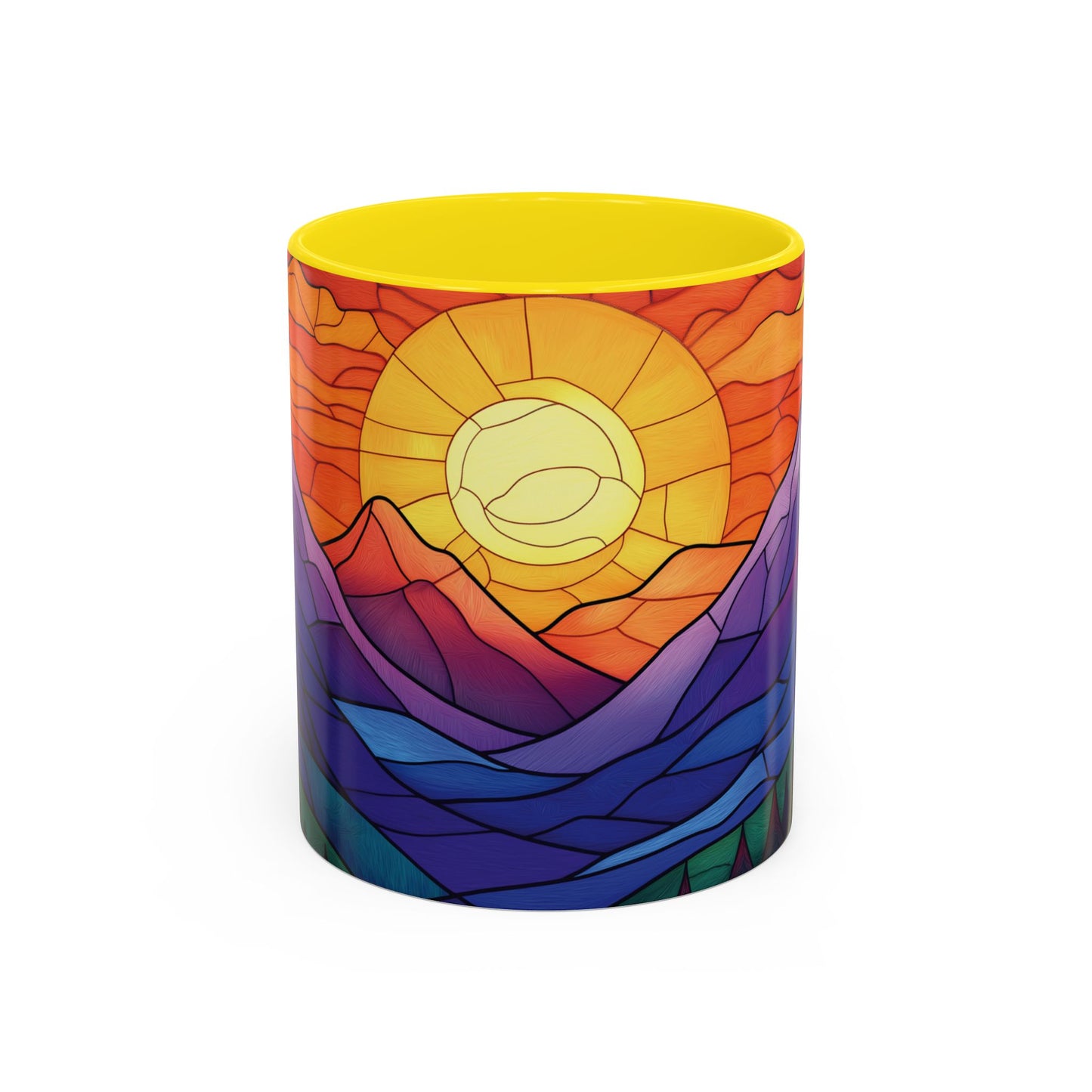 Stained Glass Mountain Range Coffee Mug - Vibrant Watercolor Mountain Sunset, 11oz & 15oz Ceramic Mug, Perfect gifts ideas,