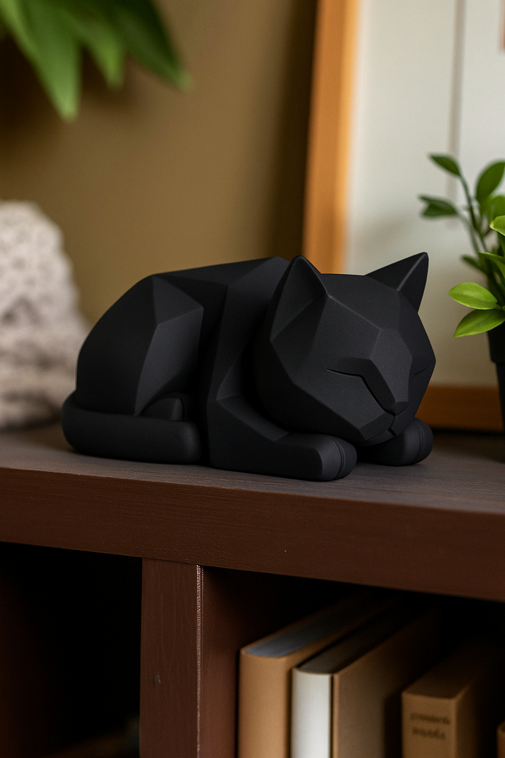 Black cat-shaped decorative object on a wooden surface with books and plants in the background