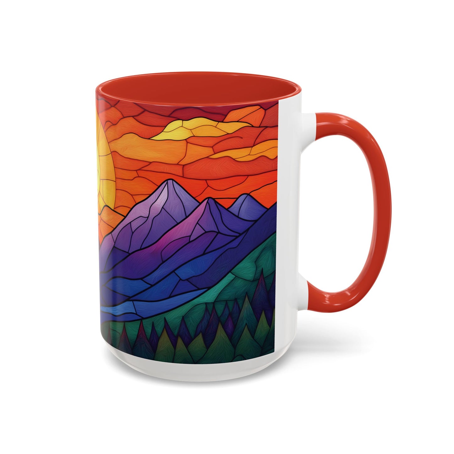 Stained Glass Mountain Range Coffee Mug - Vibrant Watercolor Mountain Sunset, 11oz & 15oz Ceramic Mug, Perfect gifts ideas,