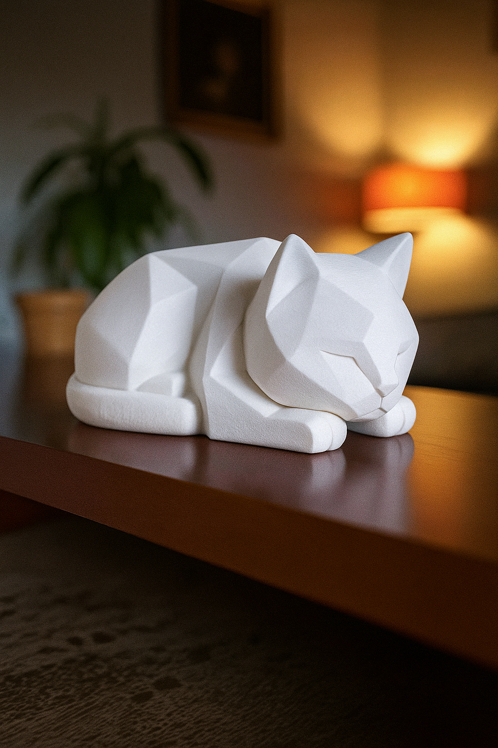3D printed white low poly cat sculpture resting on a wooden table in a cozy modern interior.