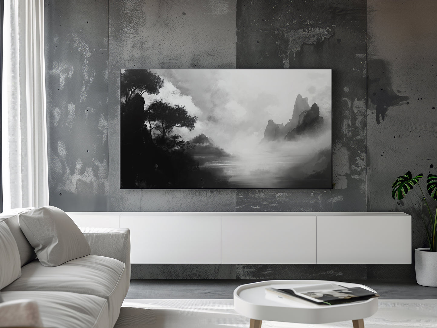 Minimalist black and white Mountain and River Scene for Samsung Frame TV, Elegant Black & White Digital Art, Japanese style artwork