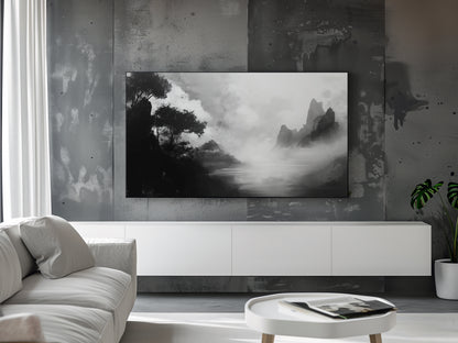 Minimalist black and white Mountain and River Scene for Samsung Frame TV, Elegant Black & White Digital Art, Japanese style artwork