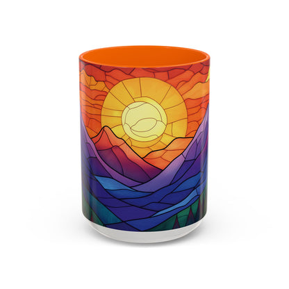 Stained Glass Mountain Range Coffee Mug - Vibrant Watercolor Mountain Sunset, 11oz & 15oz Ceramic Mug, Perfect gifts ideas,