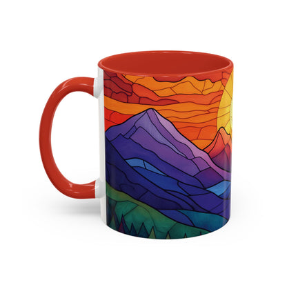 Stained Glass Mountain Range Coffee Mug - Vibrant Watercolor Mountain Sunset, 11oz & 15oz Ceramic Mug, Perfect gifts ideas,