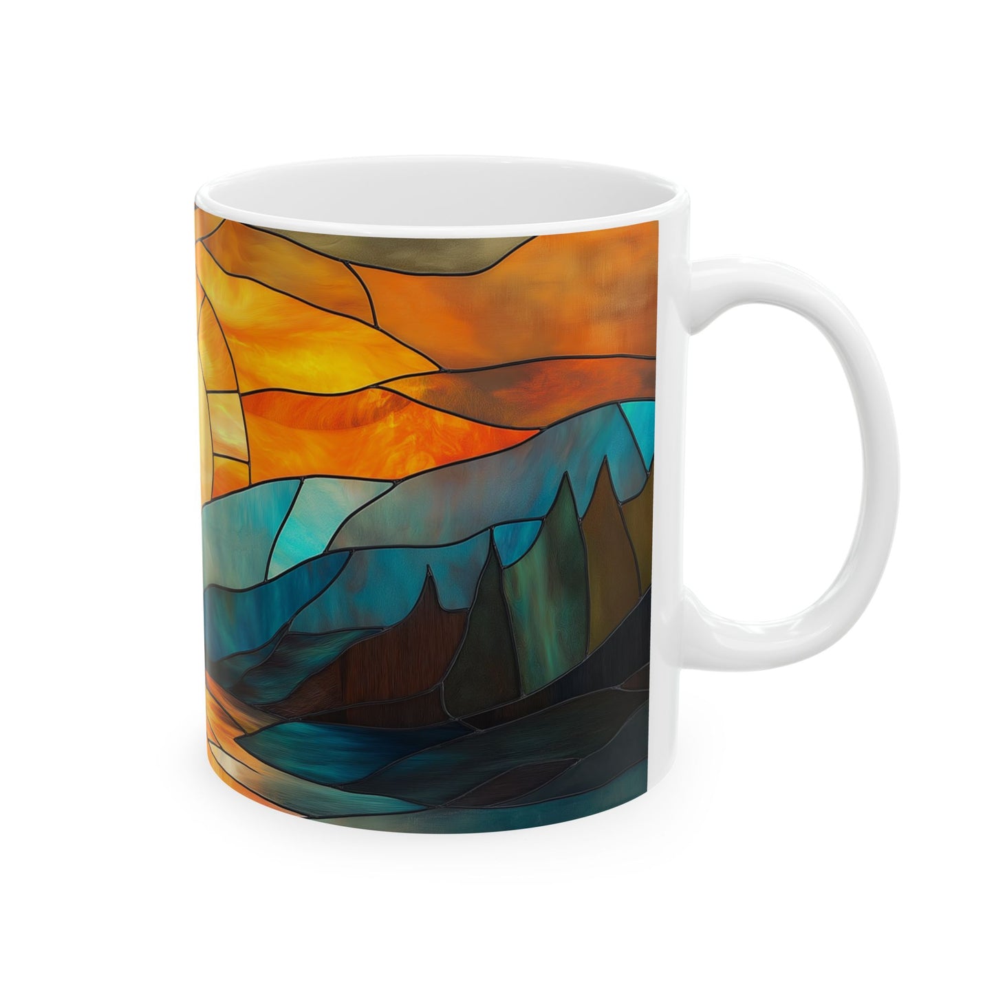 Stained Glass Sunrise Ceramic Mug, Colorful Mountain Landscape Coffee Cup, Inspirational Gift, Nature Lover's Mug, Home Decor, Unique