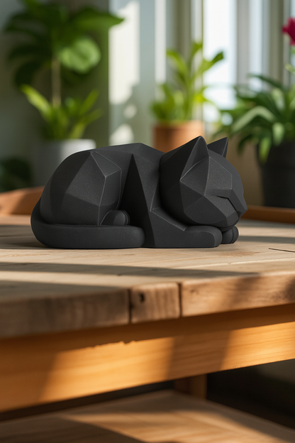 3D printed white low poly cat sculpture resting on a wooden table in a cozy modern interior.