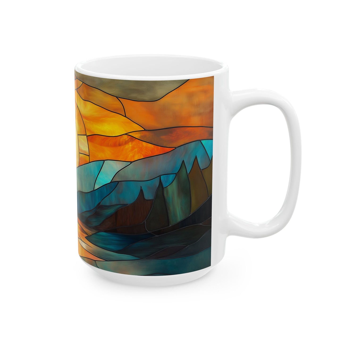 Stained Glass Sunrise Ceramic Mug, Colorful Mountain Landscape Coffee Cup, Inspirational Gift, Nature Lover's Mug, Home Decor, Unique
