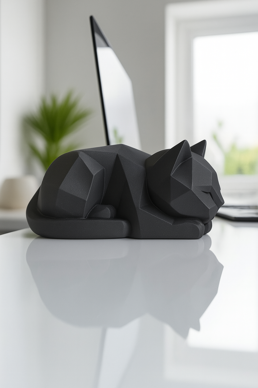 3D printed white low poly cat sculpture resting on a wooden table in a cozy modern interior.
