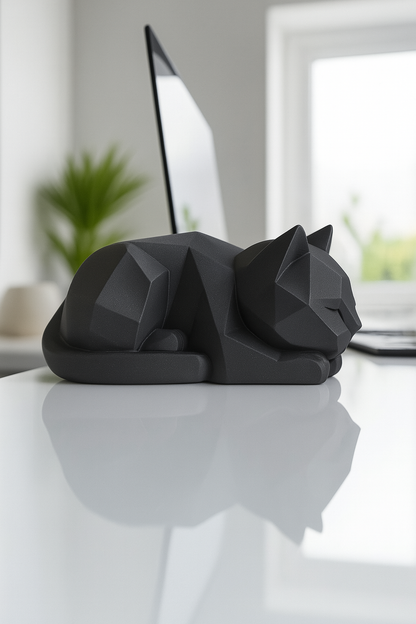 3D printed white low poly cat sculpture resting on a wooden table in a cozy modern interior.