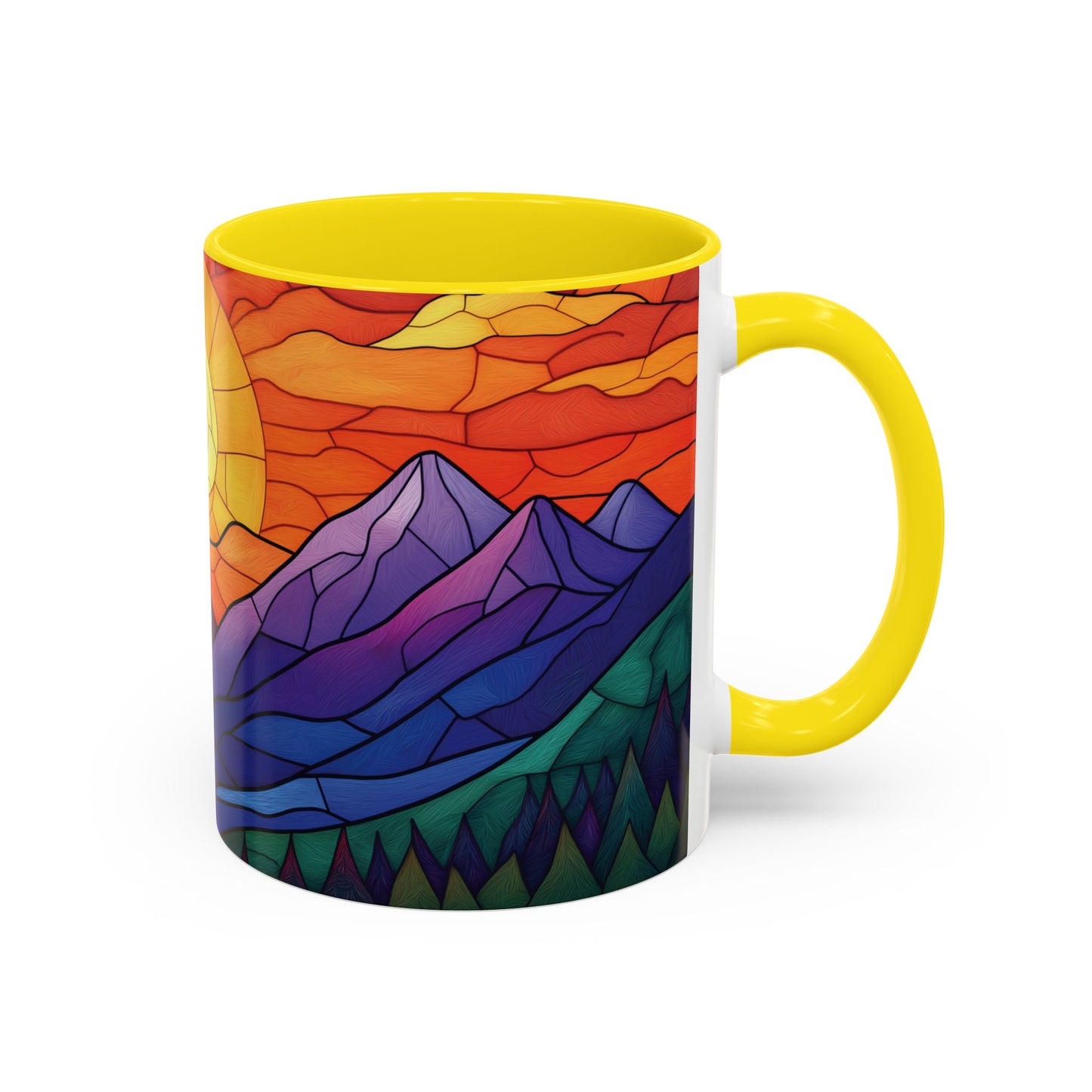 Stained Glass Mountain Range Coffee Mug - Vibrant Watercolor Mountain Sunset, 11oz & 15oz Ceramic Mug, Perfect gifts ideas,