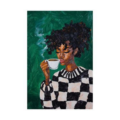 Black Woman Coffee Wall Art Print – Bold Afrocentric Painting for Kitchen or Living Room Décor