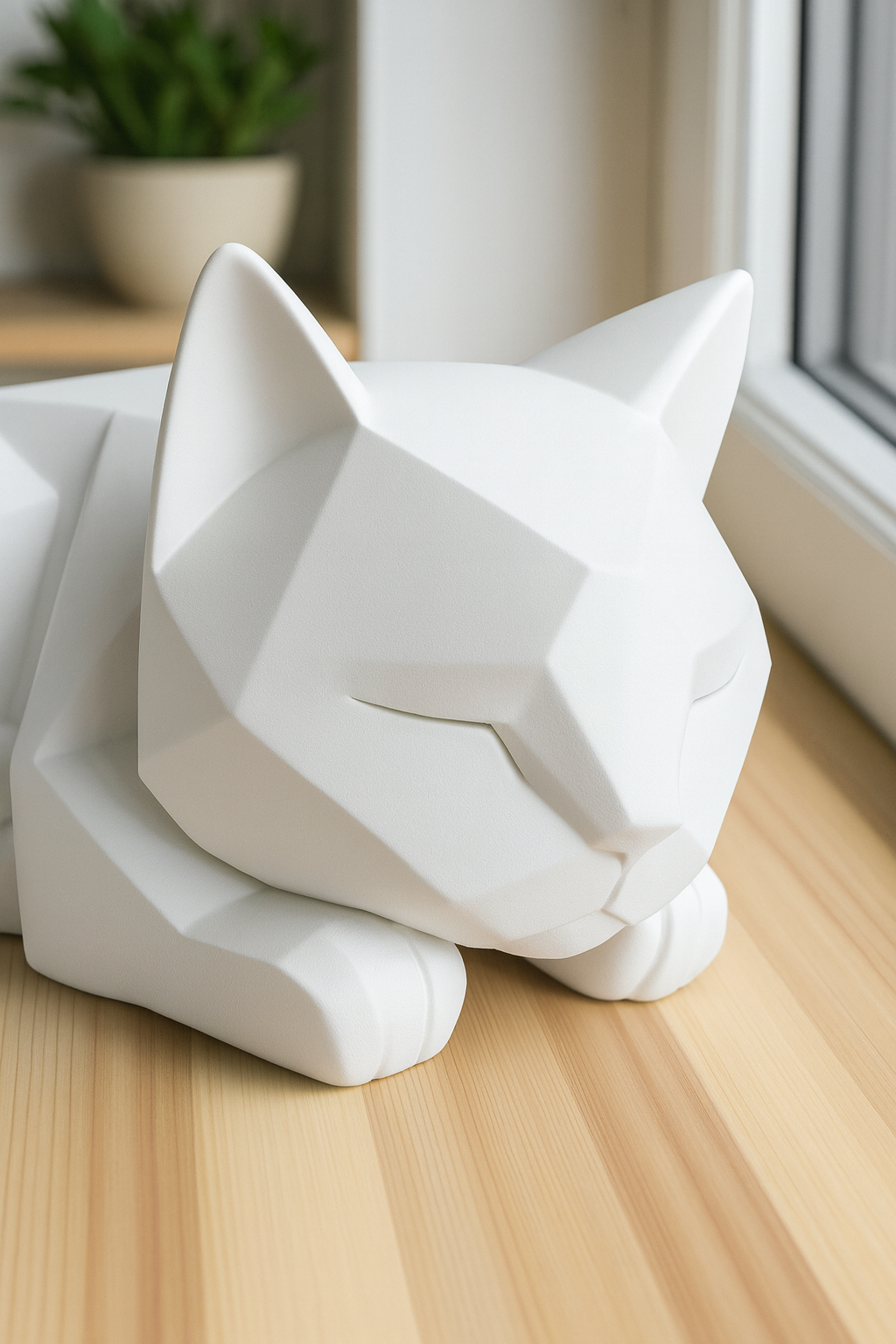 3D printed white low poly cat sculpture resting on a wooden table in a cozy modern interior.
