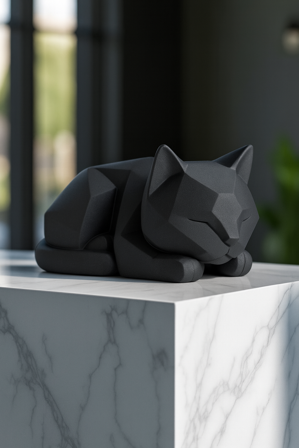 3D printed white low poly cat sculpture resting on a wooden table in a cozy modern interior.