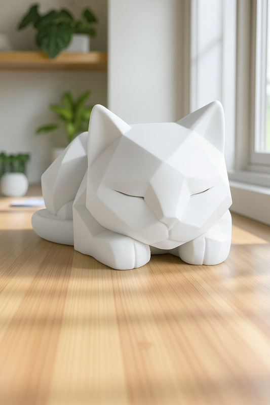 3D printed white low poly cat sculpture resting on a wooden table in a cozy modern interior.
