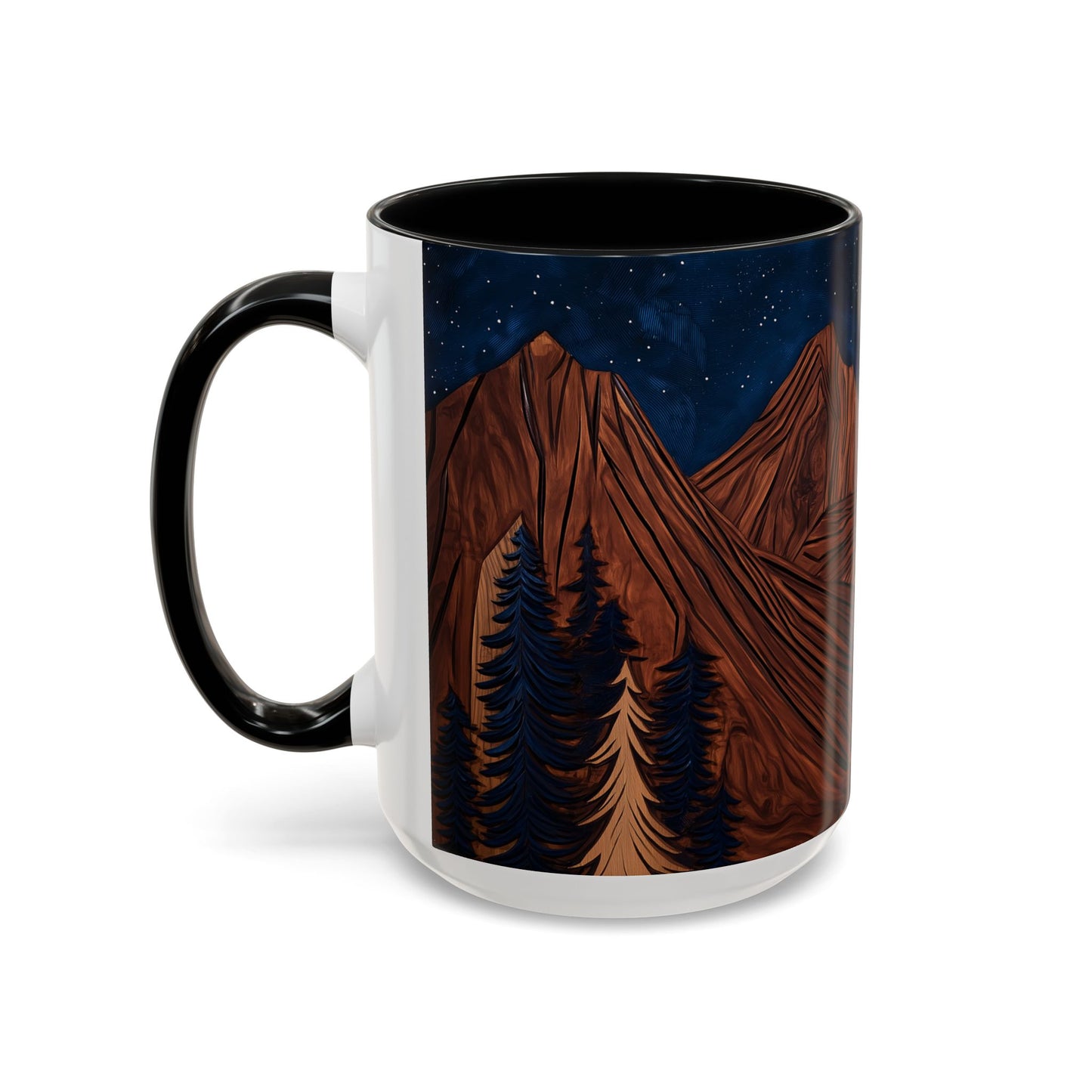 Rustic Wooden Mountain Coffee Mug with Carved Tree Design - Wood Panel Effect, Tea Mug Carved Wood Trees Wooden Mountain Tea Cup Pine Tree